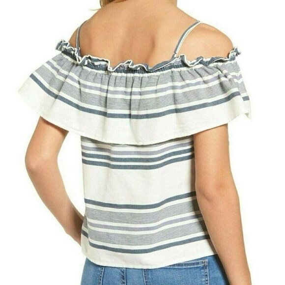 Splendid Cold Off Shoulder Blouse Large XL Striped Navy Ivory Ruffle Top Peasant - Picture 10 of 12